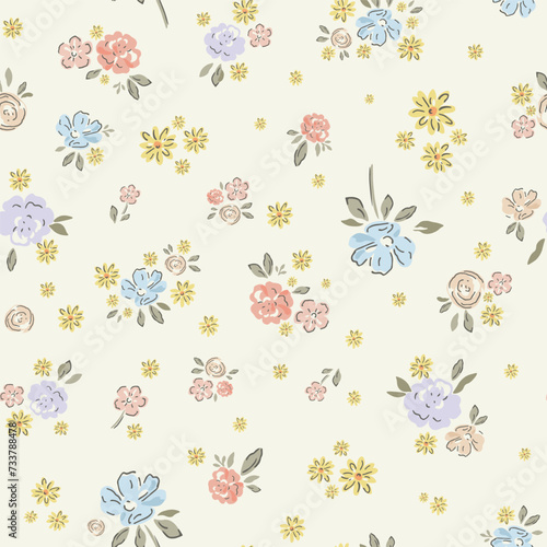 Seamless watercolor-style pattern featuring pink and blue and red flowers on a light yellow background.