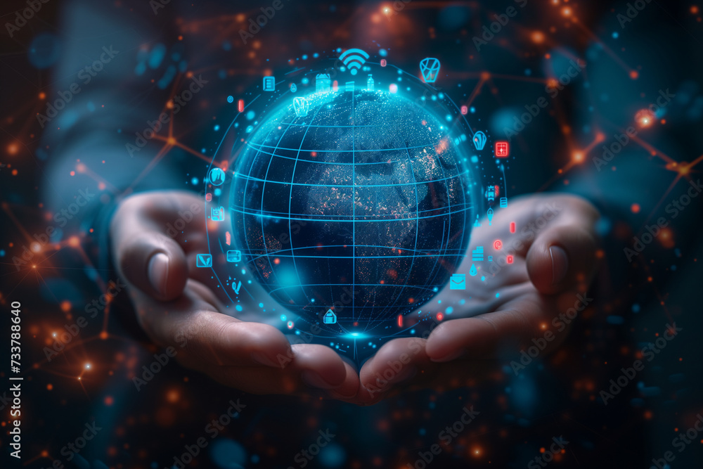 hand holding globe, digital technologies and business hand holding globe, digital technologies and business