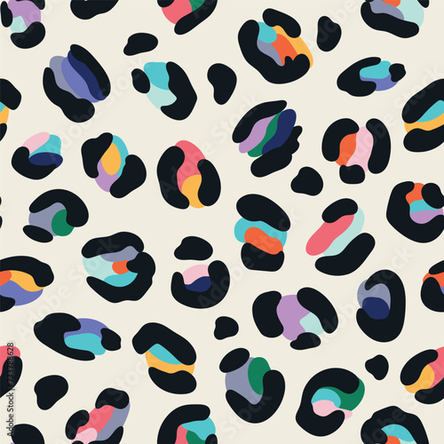 Leo seamless pattern. Random placed, abstract multi colored shapes, wildcat skin imitate. Animal skin all over surface print for fabric, paper, package. Leopard vector background. Modern wallpaper