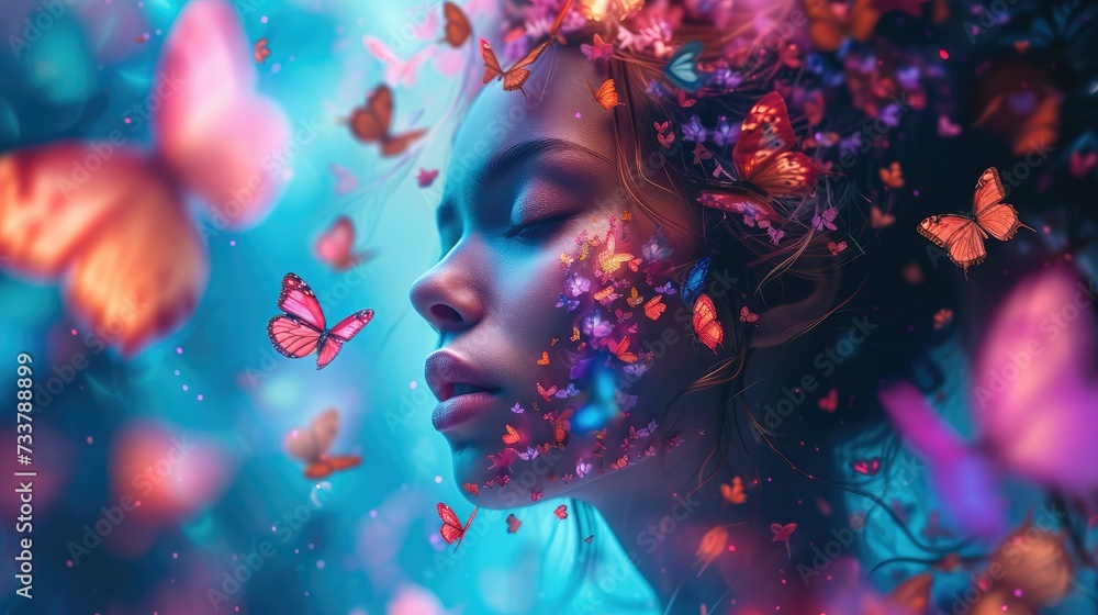 Beautiful goddess dissolving into butterflies with neon acrylic paint, splashes. Generative AI. - obrazy, fototapety, plakaty 