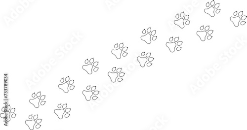 Paw print trail on white background. Vector cat or dog, pawprint walk line path pattern background.