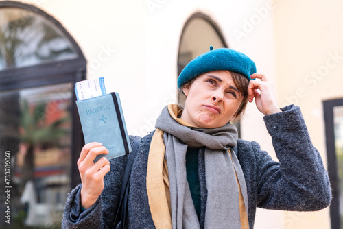 Brunette woman holding a passport at outdoors © luismolinero