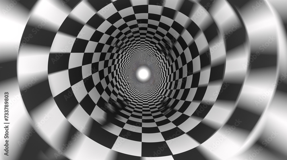 Ilusión óptica, tubo hecho con lineas y cuadros en blanco y negro creando una ilusión óptica como en el cuento de Alicia en el país de las maravillas - obrazy, fototapety, plakaty 