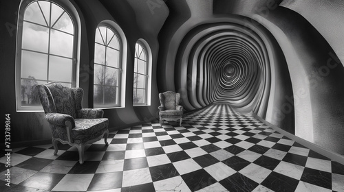 Ilusión óptica, habitación de una vivienda hecha con lineas y cuadros en blanco y negro creando una ilusión óptica como en el cuento de Alicia en el país de las maravillas photo
