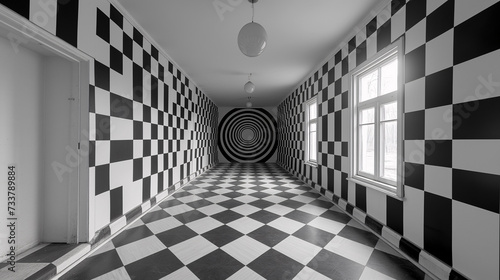 Ilusión óptica, habitación de una vivienda hecha con lineas y cuadros en blanco y negro creando una ilusión óptica como en el cuento de Alicia en el país de las maravillas