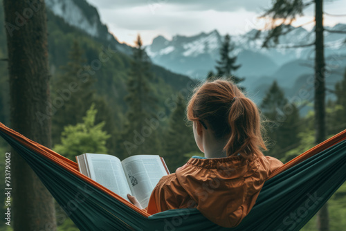 Alpine Retreat: Woman Reading in a Hammock with Majestic Mountain View