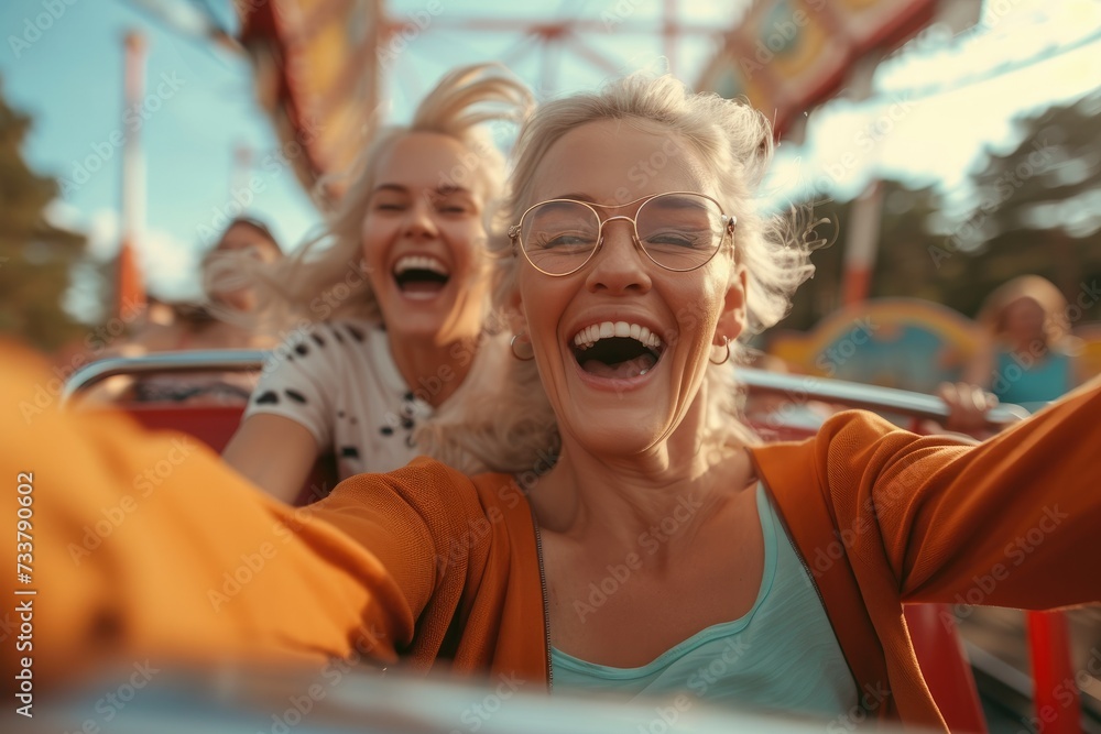 Active Senior Women Engaged on Roller Coaster, very happy. Generative AI.