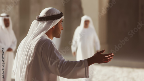 Emotive Gesture: Arab Man in Traditional Attire Engaging in Conversation photo