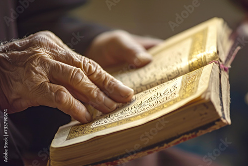 Senior man gently holds Quran learning wisdom in mosque closeup. Man gentle demeanor reflects lifetime of devotion and reverence for sacred text