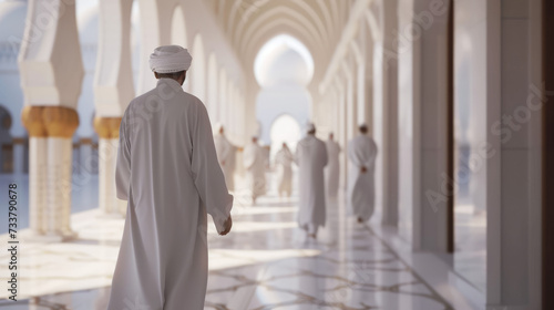 Traditional Elegance: Arab Man Walking in the Architectural Beauty of a Mosque Courtyard