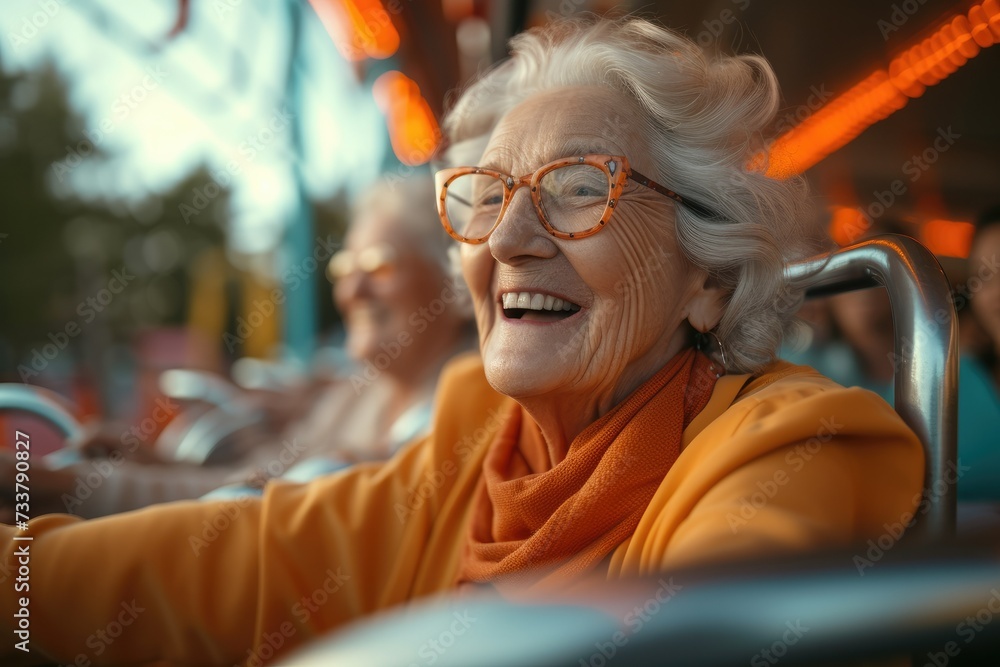 Active Senior Women Engaged on Roller Coaster, very happy. Generative AI.