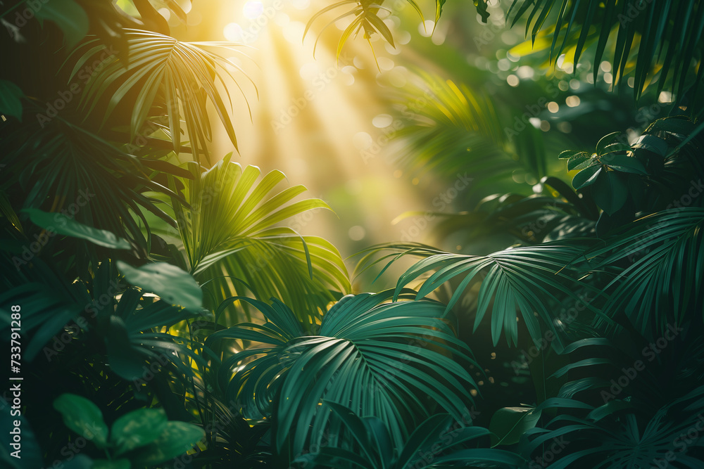 sunny tropical background with plant leaves