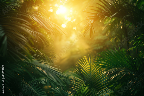 sunny tropical background with plant leaves © Anastasiia Trembach
