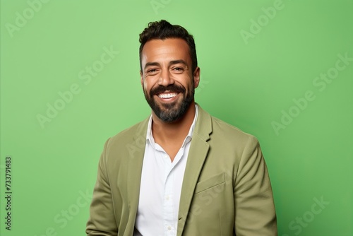 Portrait of a handsome young man smiling at camera against green background