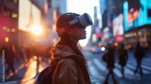 Person Wearing VR Headset in Urban Setting for Technology and Innovation Themes