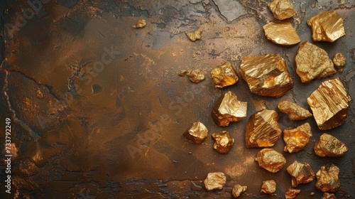 Shimmering Gold Nuggets Scattered on a Rustic Dark Brown Background