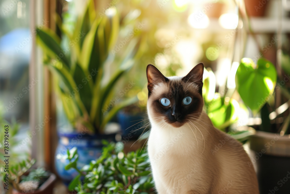 Siamese Cat With Blue Eyes Sitting on Window Sill