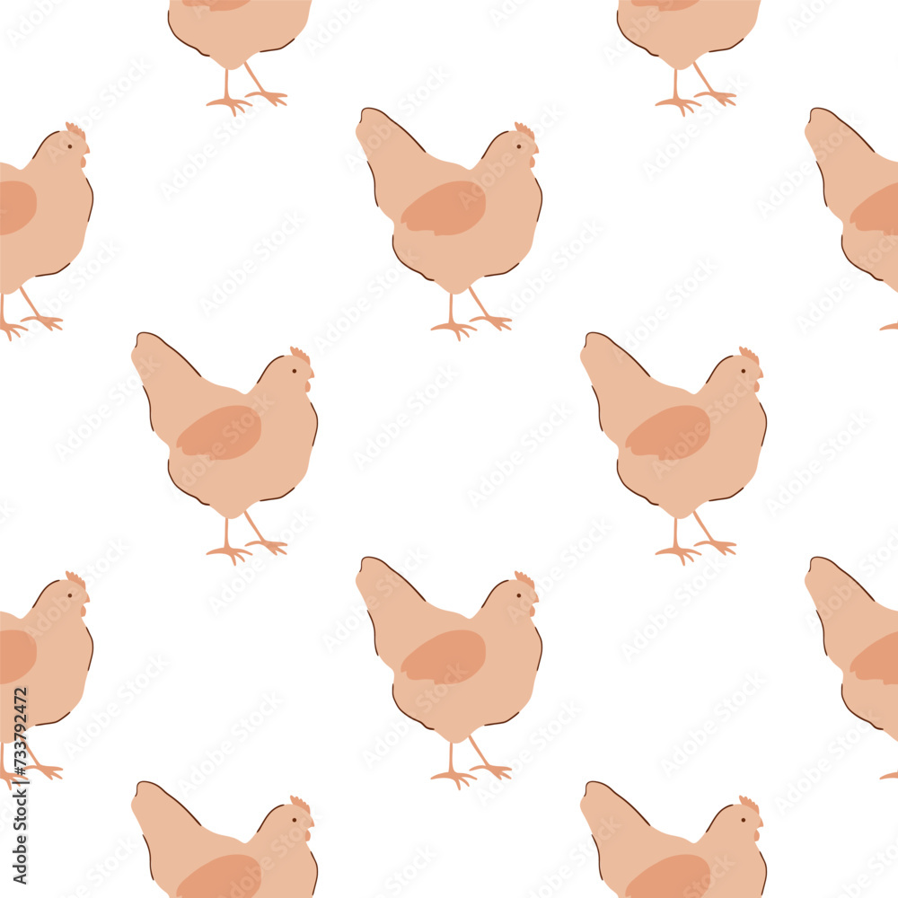 Beige hen seamless pattern on white background. Vector cute cartoon chicken print, wallpaper Beige hen seamless pattern on white background. Vector cute cartoon chicken print, wallpaper
