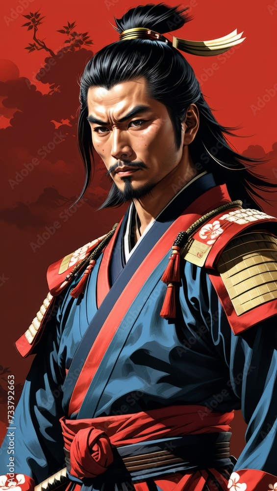 A detailed illustration of a stern-faced samurai clad in traditional blue and red armor, poised confidently under an autumn sky with a castle in the background.