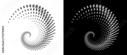 Modern abstract background. Halftone DOLLAR sign in spiral. Round logo. Design element or icon. Black shape on a white background and the same white shape on the black side.
