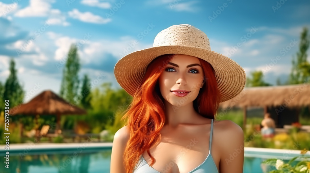 Beautiful young woman in swimsuit and hat standing near swimming pool