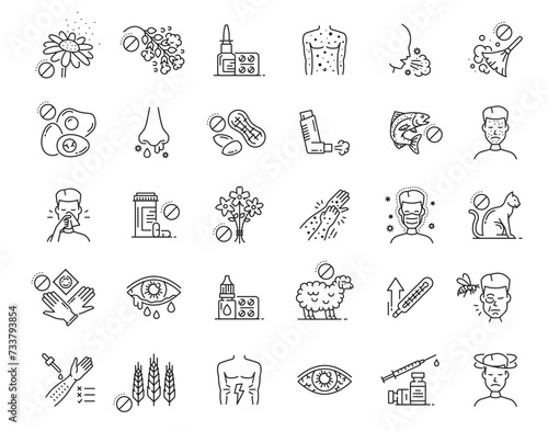 Allergy icons. Asthma, fever, rhinitis allergic symptoms with vector thin line allergens. Allergy to pollen, food, dust and animals outline symbols of runny nose and eye, sneeze, cough and fever