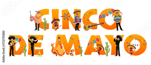 Cinco de mayo holiday banner with national mexican characters. Isolated vector colorful typography with traditional mariachi, latino man, flamenco dancer woman and musician jalapeno pepper personages