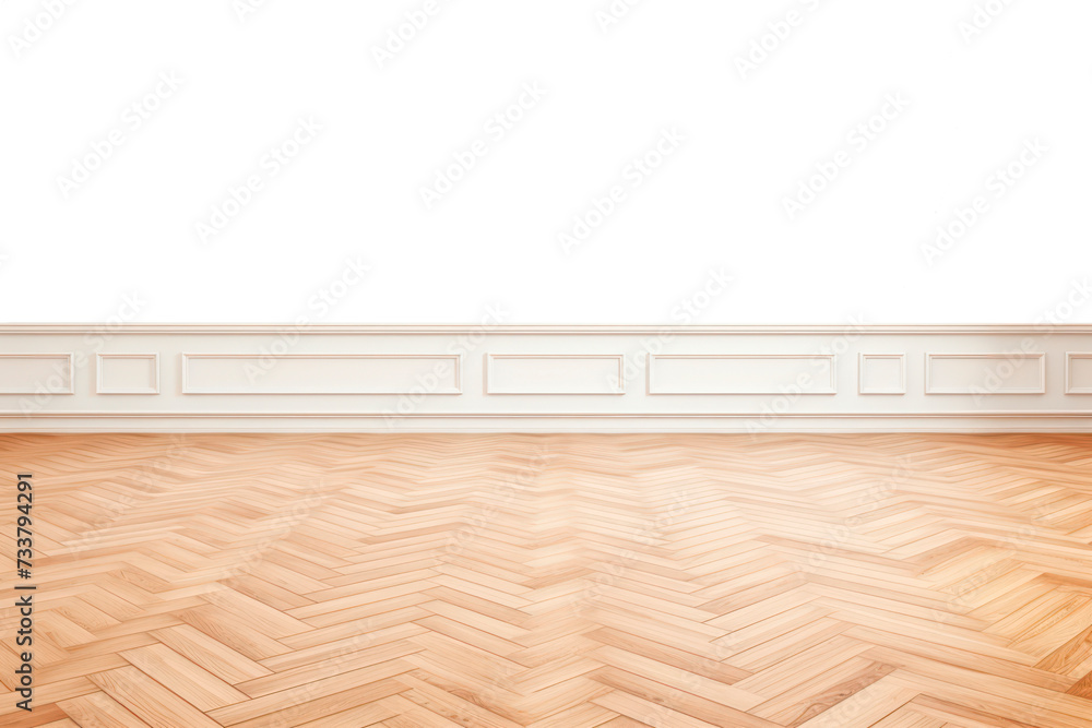 light  parquet floor with empty space and white plinth , png file