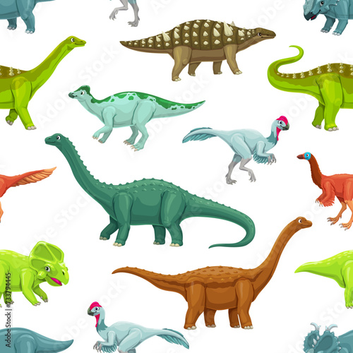 Fototapeta Naklejka Na Ścianę i Meble -  Cartoon dinosaur characters seamless pattern. Fabric vector print with Quaesitosaurus, Opisthocoelicaudia, Magyarosaurus and Elmisaurus, Protoceratops, Struthiosaurus funny dinosaurs cute personages