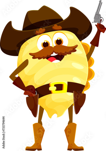 Cartoon Italian pasta cowboy or sheriff with revolver gun, vector character. Bandit robber or ranger in cowboy sombrero with bandoleer in Western boots, conchiglie pasta personage for kids