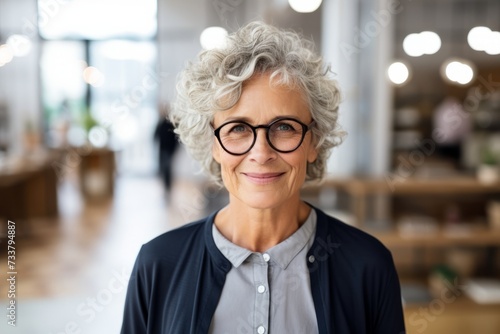 portrait of smiling senior woman in eyeglasses at coffee shop