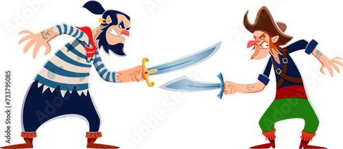 Two cartoon pirates, corsair and sailor characters fighting on sabers or swords, vector personages. Angry pirate filibusters or corsairs with sabers or swords, Caribbean adventure buccaneer characters