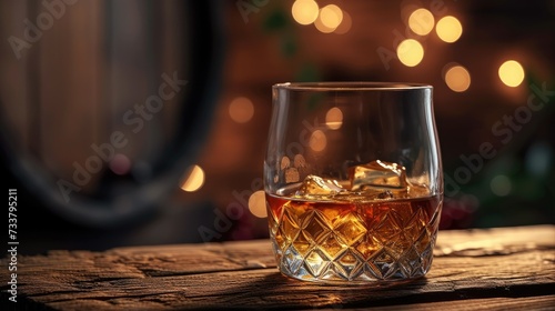 A whisky in ornamental glass next to a vintage wooden barrel on a rustic wood and dark background. Generative AI.