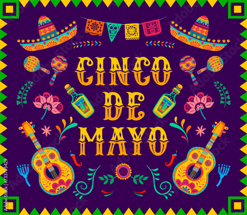 Cinco de mayo mexican holiday banner. Colorful background with cartoon vector guitar, sombrero hat, maracas, tequila and tropical flowers. Greeting card for traditional celebratory event of Mexico