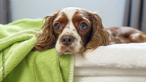 Dog English Springler Spaniel relaxed from spa procedures covered with a towel.
 photo