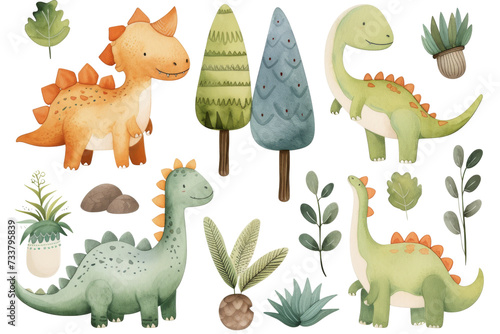 Collection of watercolor dinosaurs and plants  with a whimsical  child-friendly style.