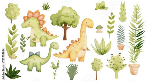 Fototapeta Naklejka Na Ścianę i Meble -  Collection of watercolor dinosaurs and plants, with a whimsical, child-friendly style.