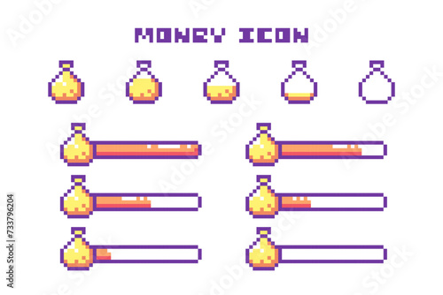 Pixel Art Game Money Bar Progress and Bag of Gold Icons Set. 8 Bit Retro Computer Video Game UI HUD Orange Elements For Status Indicator and Animation. 