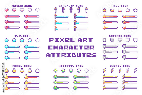 Retro Pixel Art Game UI: Health, Energy, Mana Bars, Bars Progress, 8-bit Arcade Style, Defense, Money Indicator, HUD Elements, Yellow, Green, Blue, Red Vector Status, Animation Set for 8 Bit Design.