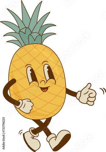 Vintage mascot of pineapple isolated on white background. Comic retro cartoon tropical fruit character vector illustration. Healthy vegan food