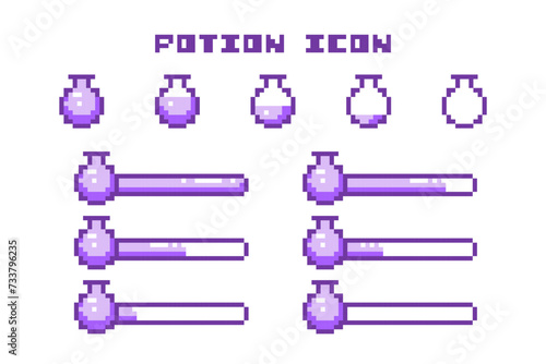 Pixel Art Game Potion Bar Progress and Elixir Level Icons Set. 8 Bit Retro Computer Video Game UI HUD Purple Elements For Status Indicator and Animation. 