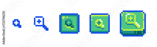 Pixel Zoom In Icon Set for Retro Game UI. Retro 8-Bit Style Plus Magnifying Glass and Increase Zoom Buttons	