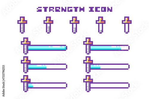 Pixel Art Game Strength Bar Progress and Sword Icons Set. 8 Bit Retro Computer Video Game UI HUD Blue Elements For Status Indicator and Animation. 