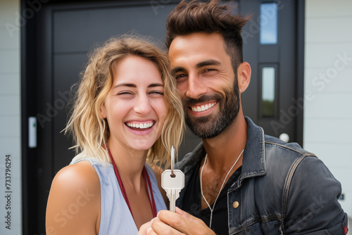 Portrait of happy young Caucasian couple renters showing house keys buy first shared home together. Smiling tenants, men and women, move into their new home. Concept of reality, rent, relocation. photo