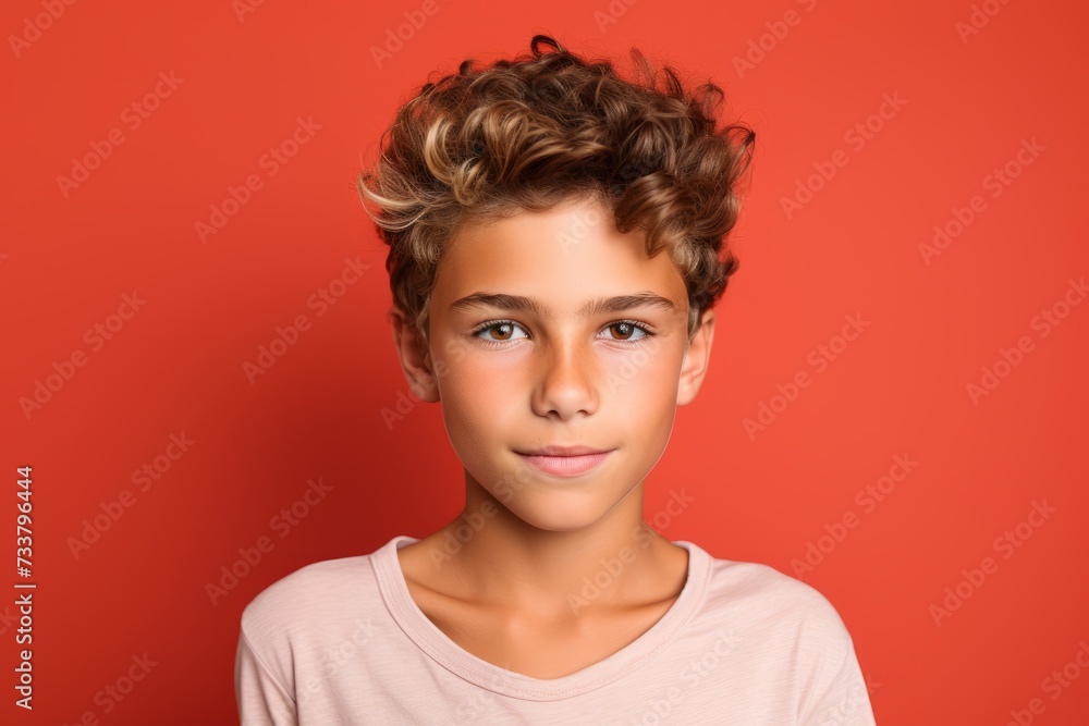 Portrait of a cute teen girl with curly hair on a red background. Portrait of a cute teen girl with curly hair on a red background.
