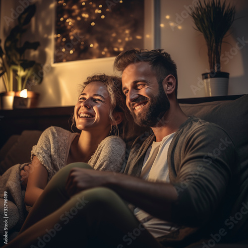 Adult couple watching TV at home while sitting on sofa illuminated by warm cozy light, copy space. Thirty-year-olds smile while sitting nearby. Leisure and relaxation concept