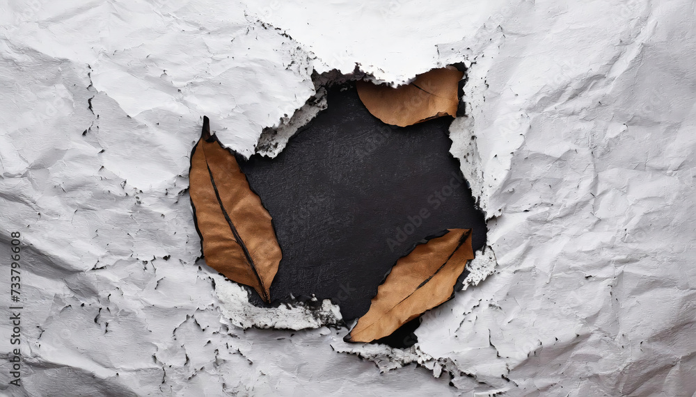 Naklejka premium Hole ripped in white paper with dry leaves on black background. View from above, space for your text.