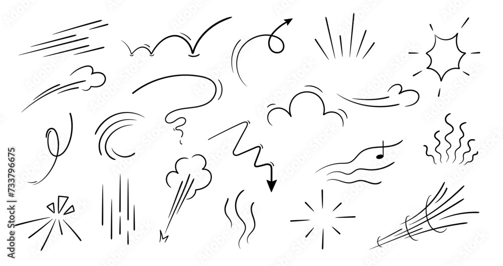 Movement or motion lines isolated vector set. Comic speed and boom effect symbols. Funny bubbles or clouds, arrows, track and trace. Funny smoke and steam, black and white explosions, dynamic actions - obrazy, fototapety, plakaty 
