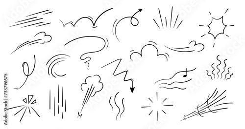 Movement or motion lines isolated vector set. Comic speed and boom effect symbols. Funny bubbles or clouds, arrows, track and trace. Funny smoke and steam, black and white explosions, dynamic actions photo