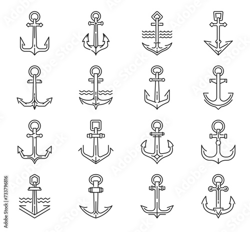 Marine anchor line icons, maritime vessel signs. Navy boats, sea and ocean travel outline symbols, yachting club sailing ship metal anchor, nautical or marine cruise vessel hook vector icons set